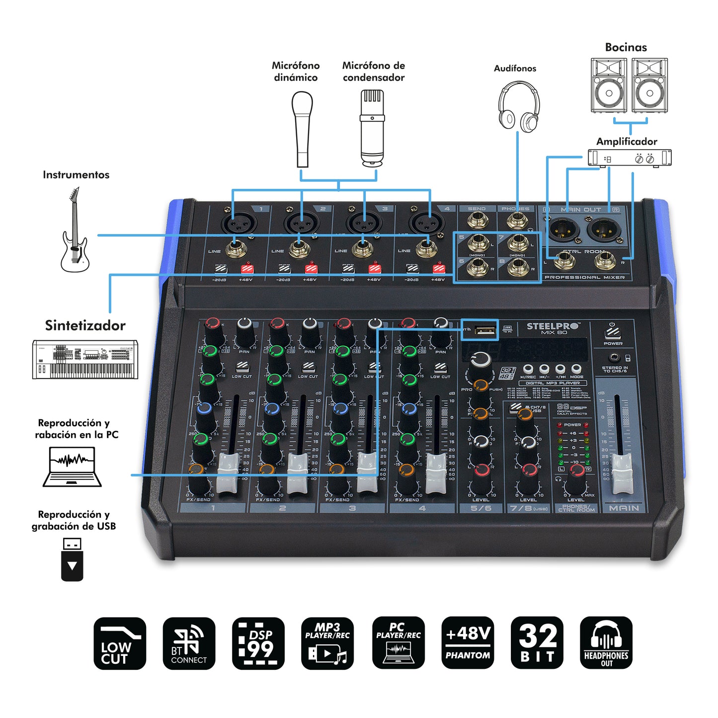 MIX 80 Mezcladora Profesional 8 Canales 16 Efectos Usb Bluetooth Steelpro