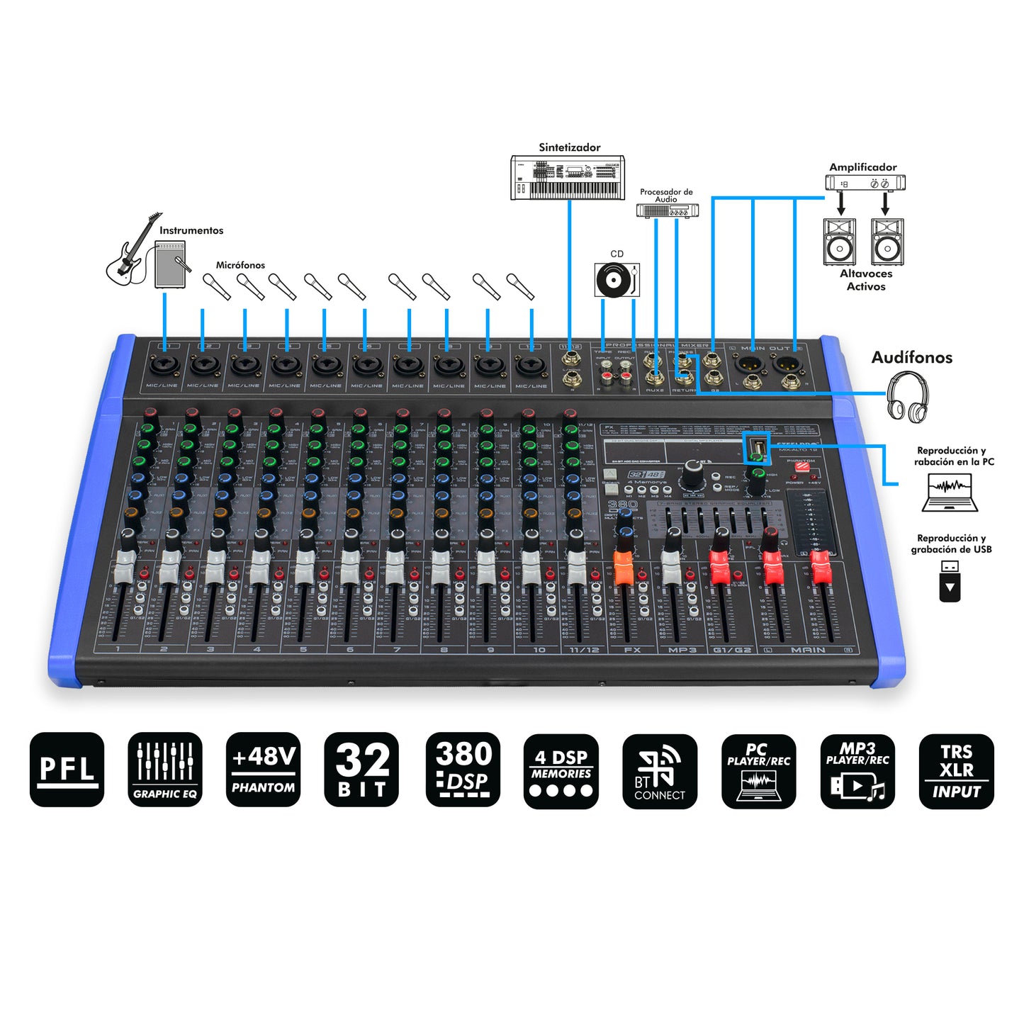 MIX-ALTO 12 Mezcladora Profesional 12 Canales 380 Efectos Bluetooth Usb Steelpro