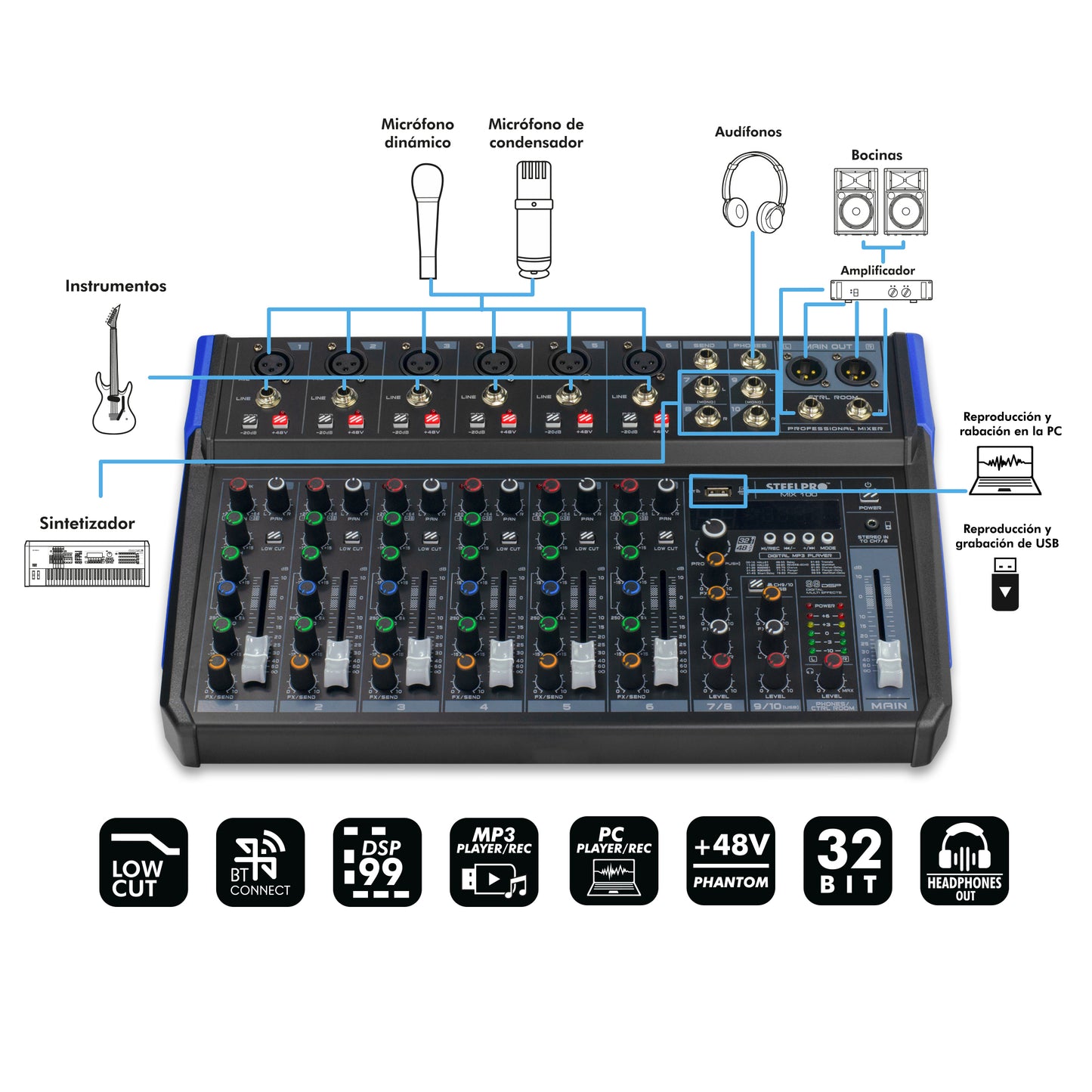MIX 100 Mezcladora Profesional 10 Canales 99 Efectos Bluetooth Usb Steelpro