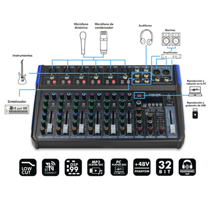 MIX 100 Mezcladora Profesional 10 Canales 99 Efectos Bluetooth Usb Steelpro