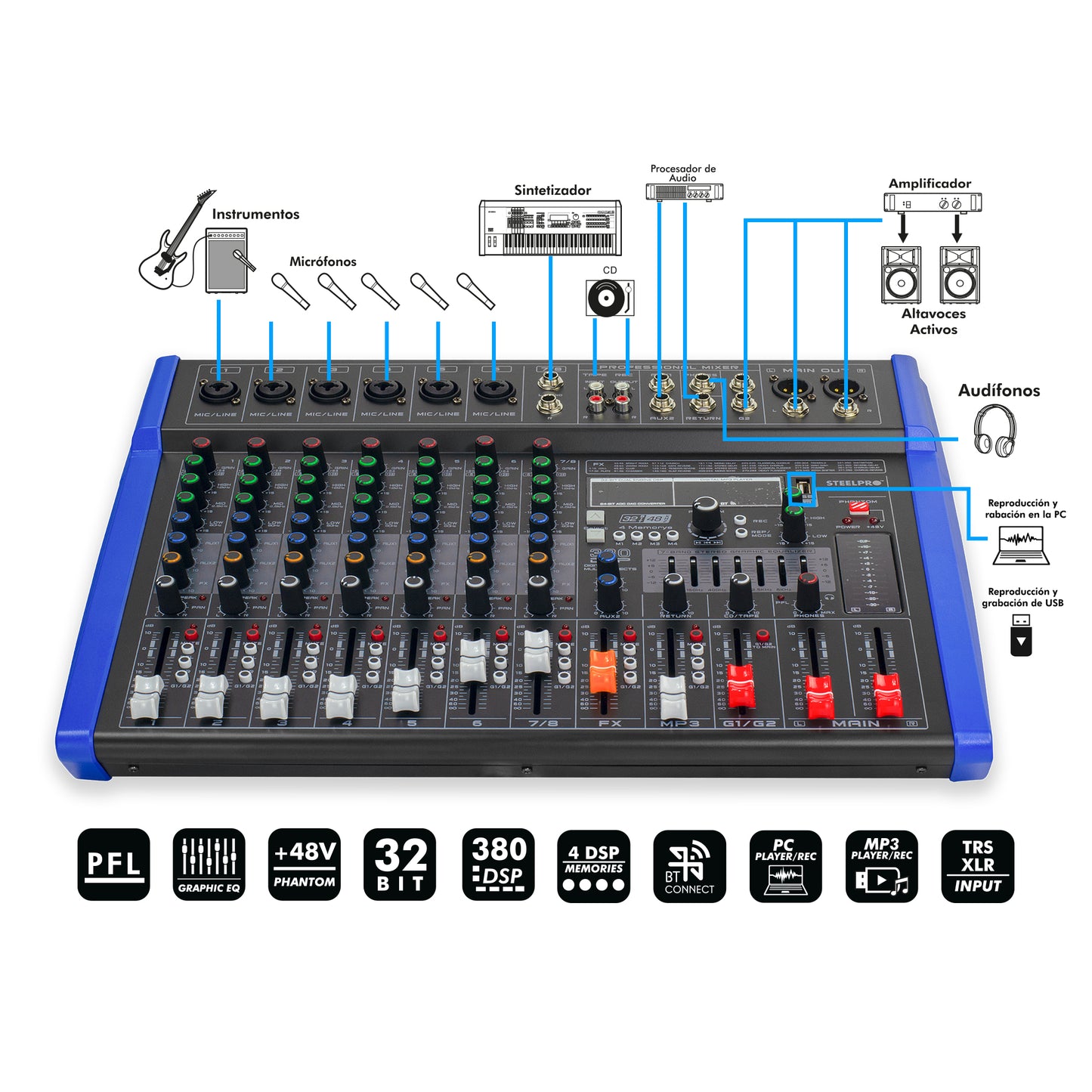 Mezcladora Profesional 8 Canales Bluetooth Eqz Steelpro
