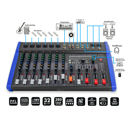Mezcladora Profesional 8 Canales Bluetooth Eqz Steelpro