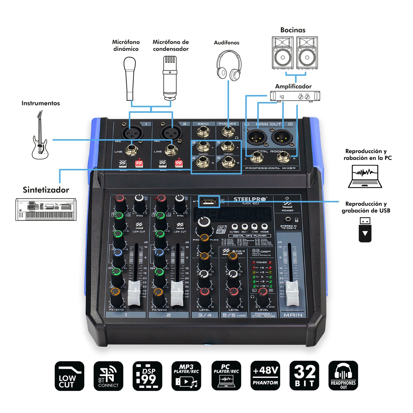 Mezcladora Audio 6 Canales 99 Efectos Bluetooth By Steelpro