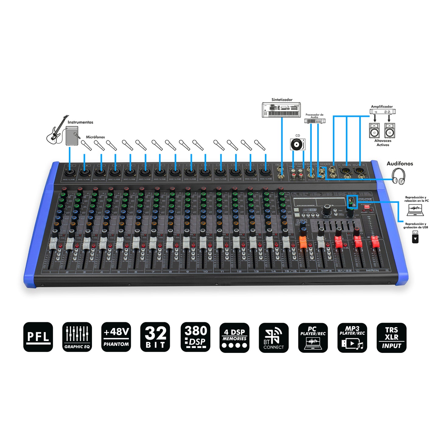 Mezcladora Audio Profesional 380-dsp Mix-alto 16 By Steelpro