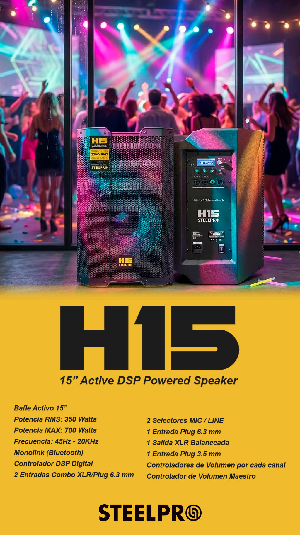Bafle Profesional 15 Amplificado Dsp 350w Rms H15 Steelpro