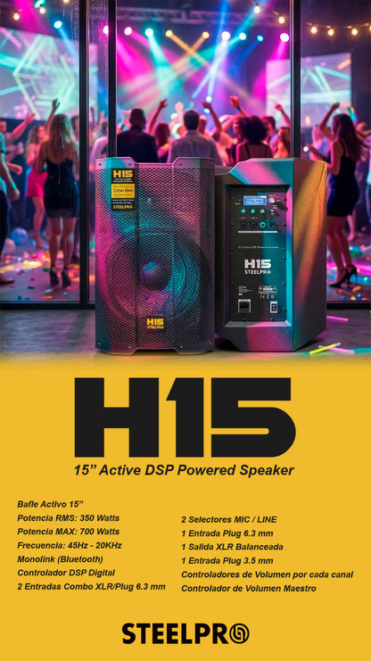 Bafle Profesional 15 Amplificado Dsp 350w Rms H15 Steelpro