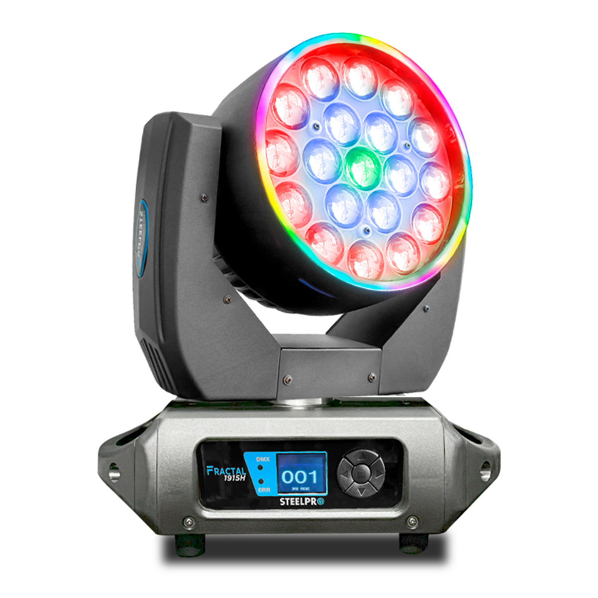 FRACTAL-1915H Set de 2 Cabezas Robóticas Wash RGBW 19x15W + Aro SMD Zoom Case Steelpro