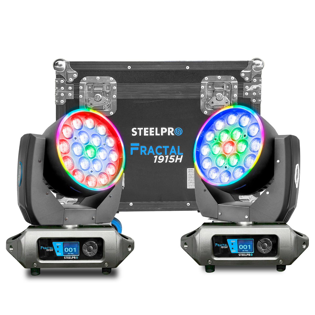 FRACTAL-1915H Set de 2 Cabezas Robóticas Wash RGBW 19x15W + Aro SMD Zoom Case Steelpro