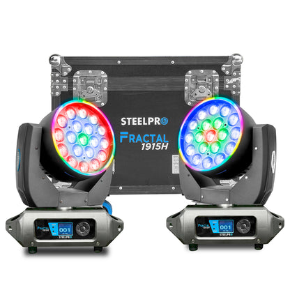 FRACTAL-1915H Set de 2 Cabezas Robóticas Wash RGBW 19x15W + Aro SMD Zoom Case Steelpro