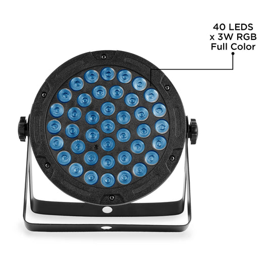 Cañón Wash 403MPR RGB Full Color 40 Leds x 3 Watts con 7 Canales DMX, Dimmer, Estrobo, Modos Automático, Audiorítmico y Maestro/Esclavo (21.5 x 9 x 22.5 cm - 0.90 Kg)