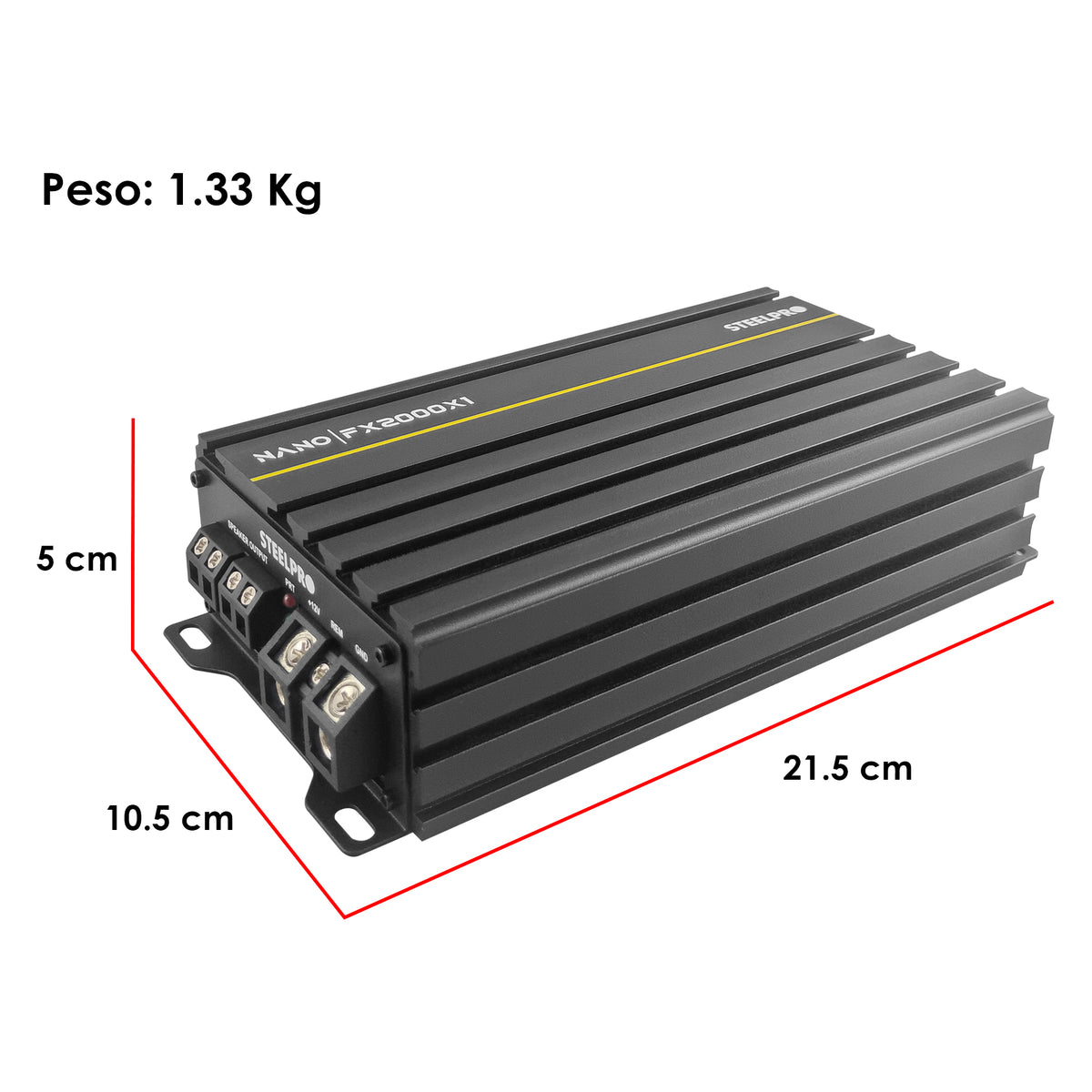 Steelpro NanoFx 2000x1 Micro Amplificador High-End Car Audio Monoblock Clase D 2000w Max 900w Rms A 1 Ohm FQ 30 - 80 Hz Eficiencia Thd menor a 0.1% Crossover Lpf Control Sub Acustico Rude Boost Estable 1 Ohm Chip IRS2092 MOSFET 4227