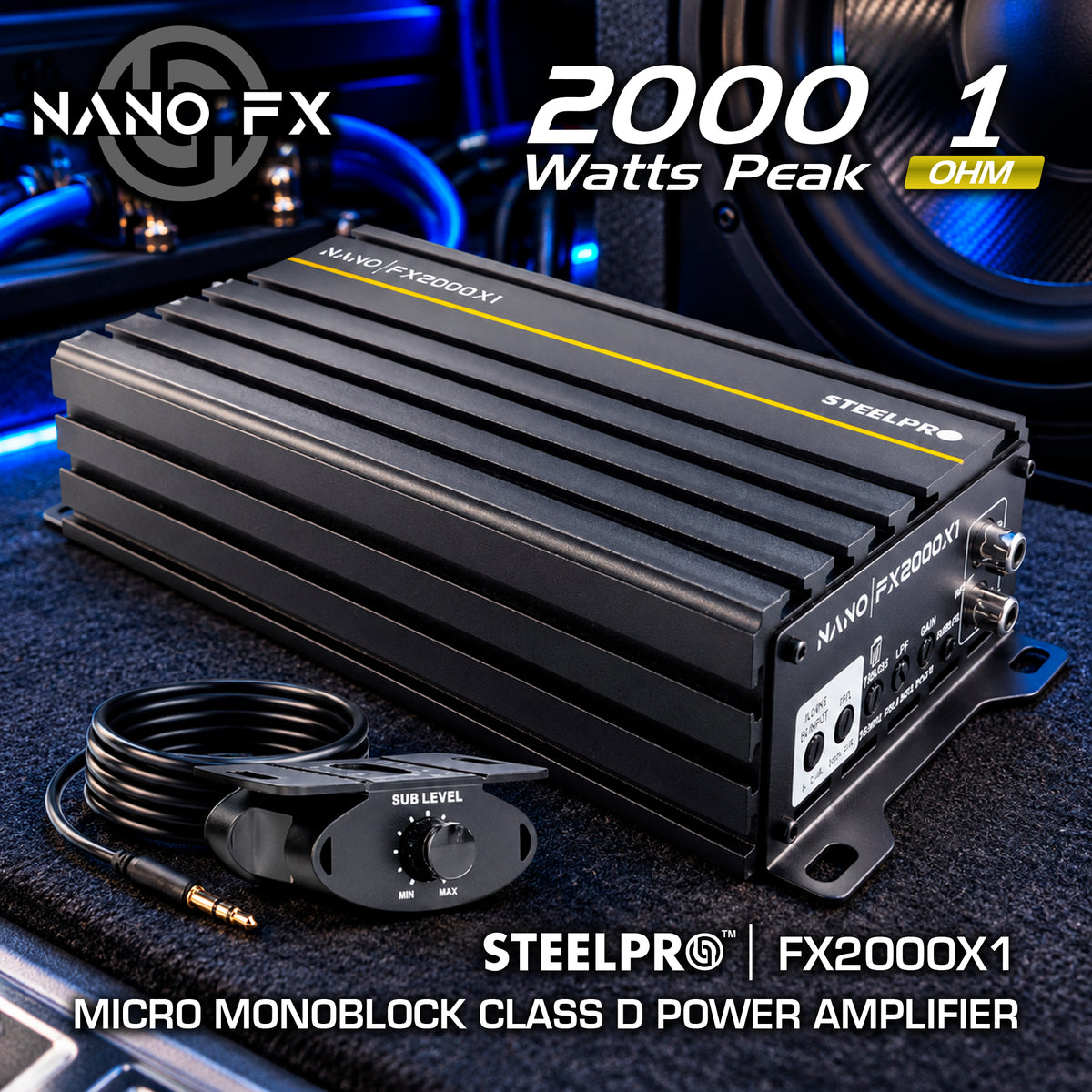Steelpro NanoFx 2000x1 Micro Amplificador High-End Car Audio Monoblock Clase D 2000w Max 900w Rms A 1 Ohm FQ 30 - 80 Hz Eficiencia Thd menor a 0.1% Crossover Lpf Control Sub Acustico Rude Boost Estable 1 Ohm Chip IRS2092 MOSFET 4227