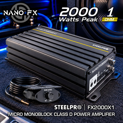 Steelpro NanoFx 2000x1 Micro Amplificador High-End Car Audio Monoblock Clase D 2000w Max 900w Rms A 1 Ohm FQ 30 - 80 Hz Eficiencia Thd menor a 0.1% Crossover Lpf Control Sub Acustico Rude Boost Estable 1 Ohm Chip IRS2092 MOSFET 4227