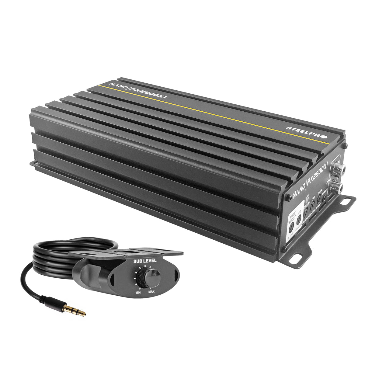 Steelpro NanoFX 2500X1 Micro Amplificador High-End Car Audio Monoblock Clase D 2500W Max 1200W RMS a 1 Ohm FQ 30-80 Hz THD Menor a 0.1% Crossover LPF Control Subacústico Rude Boost Estable 1 Ohm Chip IRS2092 MOSFET 4227