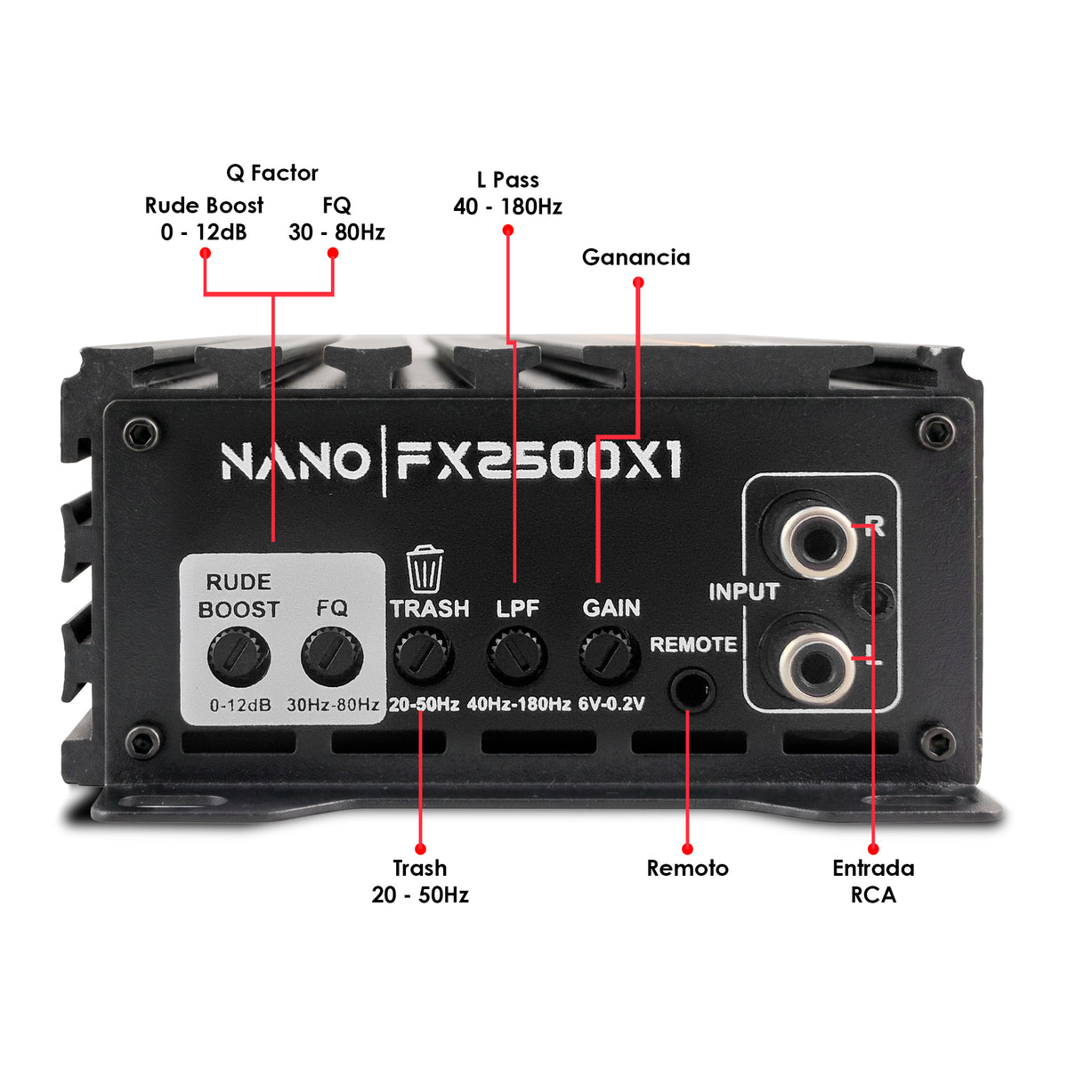 Steelpro NanoFX 2500X1 Micro Amplificador High-End Car Audio Monoblock Clase D 2500W Max 1200W RMS a 1 Ohm FQ 30-80 Hz THD Menor a 0.1% Crossover LPF Control Subacústico Rude Boost Estable 1 Ohm Chip IRS2092 MOSFET 4227