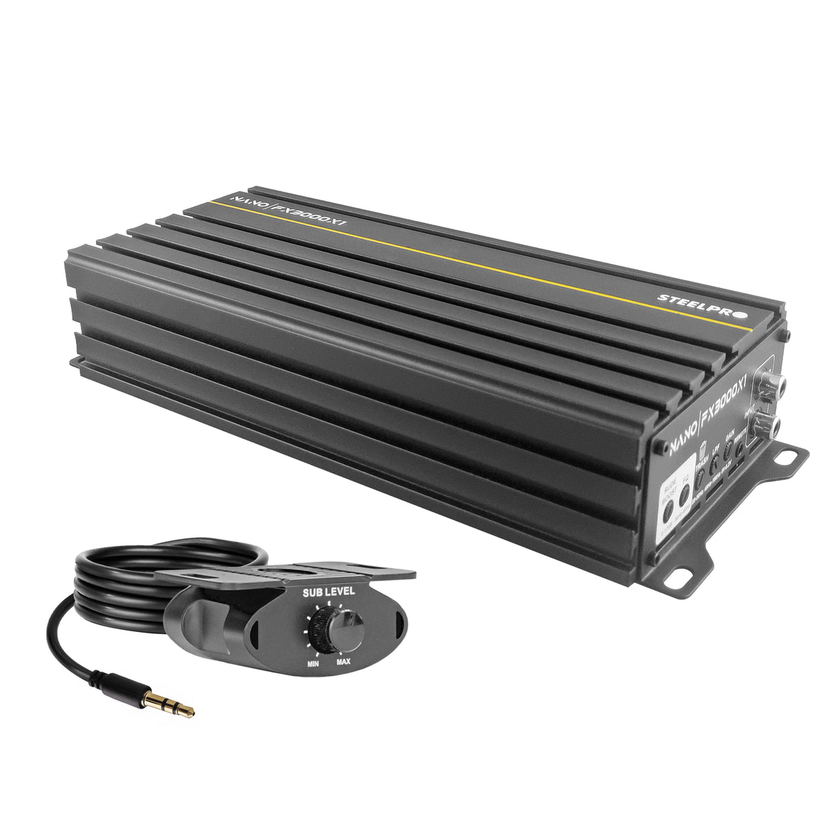 Steelpro NanoFX 3000X1 Micro Amplificador High-End Car Audio Monoblock Clase D 3000W Max 1400W RMS a 1 Ohm FQ 30-80 Hz THD Menor a 0.1% Crossover LPF Control Subacústico Rude Boost Estable 1 Ohm Chip IRS2092 MOSFET 4227