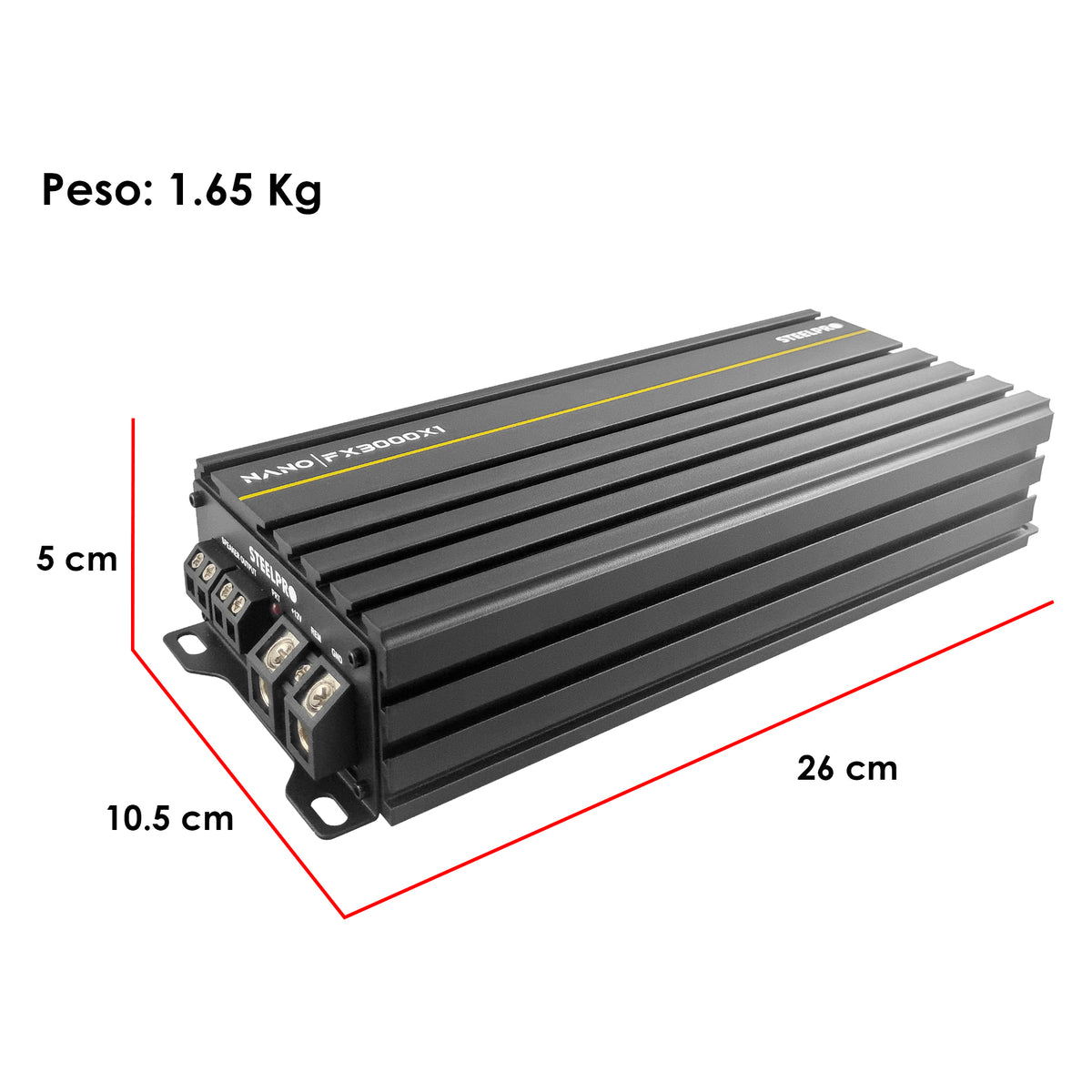 Steelpro NanoFX 3000X1 Micro Amplificador High-End Car Audio Monoblock Clase D 3000W Max 1400W RMS a 1 Ohm FQ 30-80 Hz THD Menor a 0.1% Crossover LPF Control Subacústico Rude Boost Estable 1 Ohm Chip IRS2092 MOSFET 4227