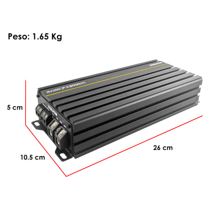 Steelpro NanoFX 3000X1 Micro Amplificador High-End Car Audio Monoblock Clase D 3000W Max 1400W RMS a 1 Ohm FQ 30-80 Hz THD Menor a 0.1% Crossover LPF Control Subacústico Rude Boost Estable 1 Ohm Chip IRS2092 MOSFET 4227