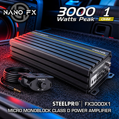 Steelpro NanoFX 3000X1 Micro Amplificador High-End Car Audio Monoblock Clase D 3000W Max 1400W RMS a 1 Ohm FQ 30-80 Hz THD Menor a 0.1% Crossover LPF Control Subacústico Rude Boost Estable 1 Ohm Chip IRS2092 MOSFET 4227