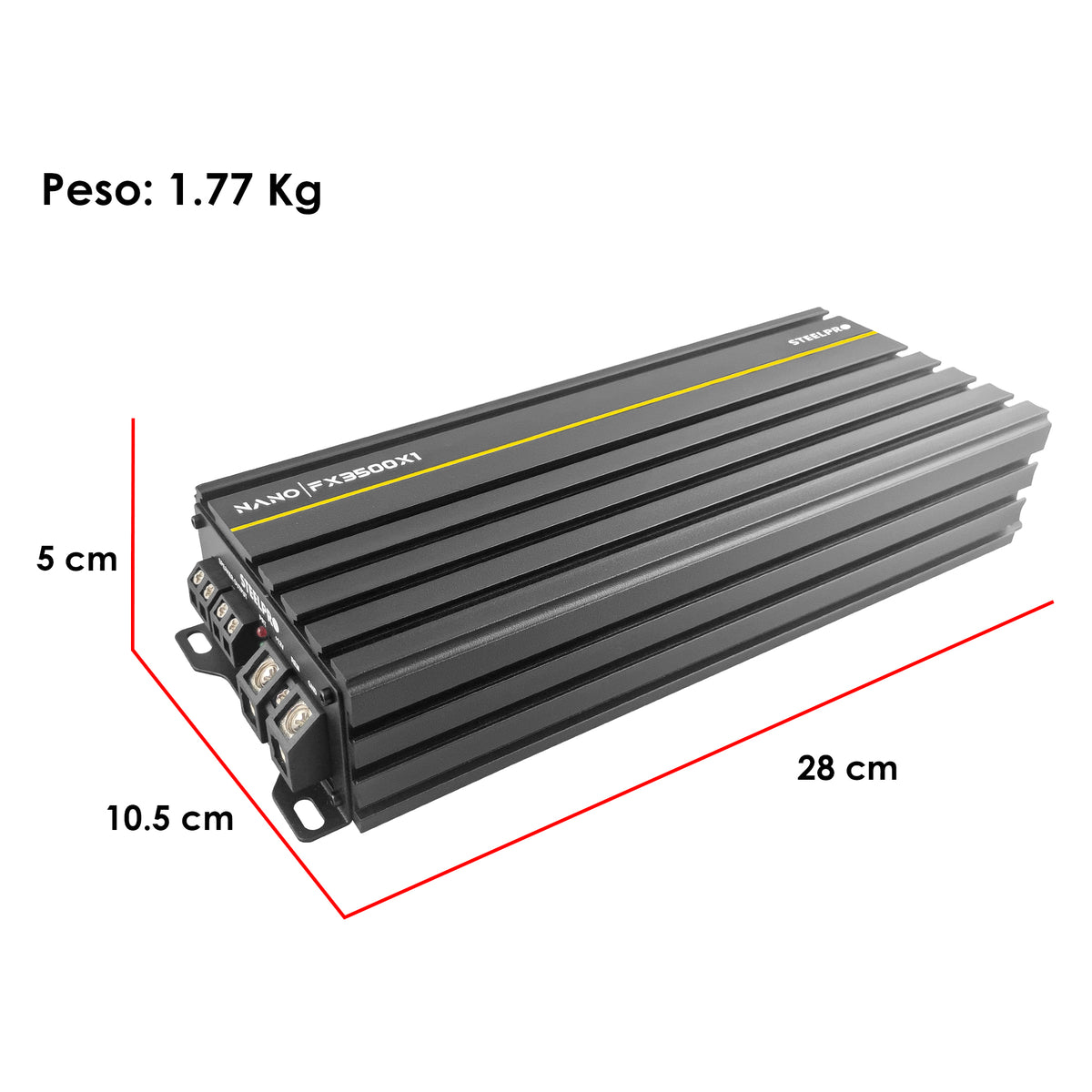 Steelpro NanoFX 3500X1 Micro Amplificador High-End Car Audio Monoblock Clase D 3500W Max 1700W RMS a 1 Ohm FQ 30-80 Hz THD Menor a 0.1% Crossover LPF Control Subacústico Rude Boost Estable 1 Ohm Chip IRS2092 MOSFET 4227