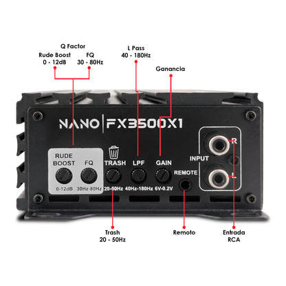 Steelpro NanoFX 3500X1 Micro Amplificador High-End Car Audio Monoblock Clase D 3500W Max 1700W RMS a 1 Ohm FQ 30-80 Hz THD Menor a 0.1% Crossover LPF Control Subacústico Rude Boost Estable 1 Ohm Chip IRS2092 MOSFET 4227