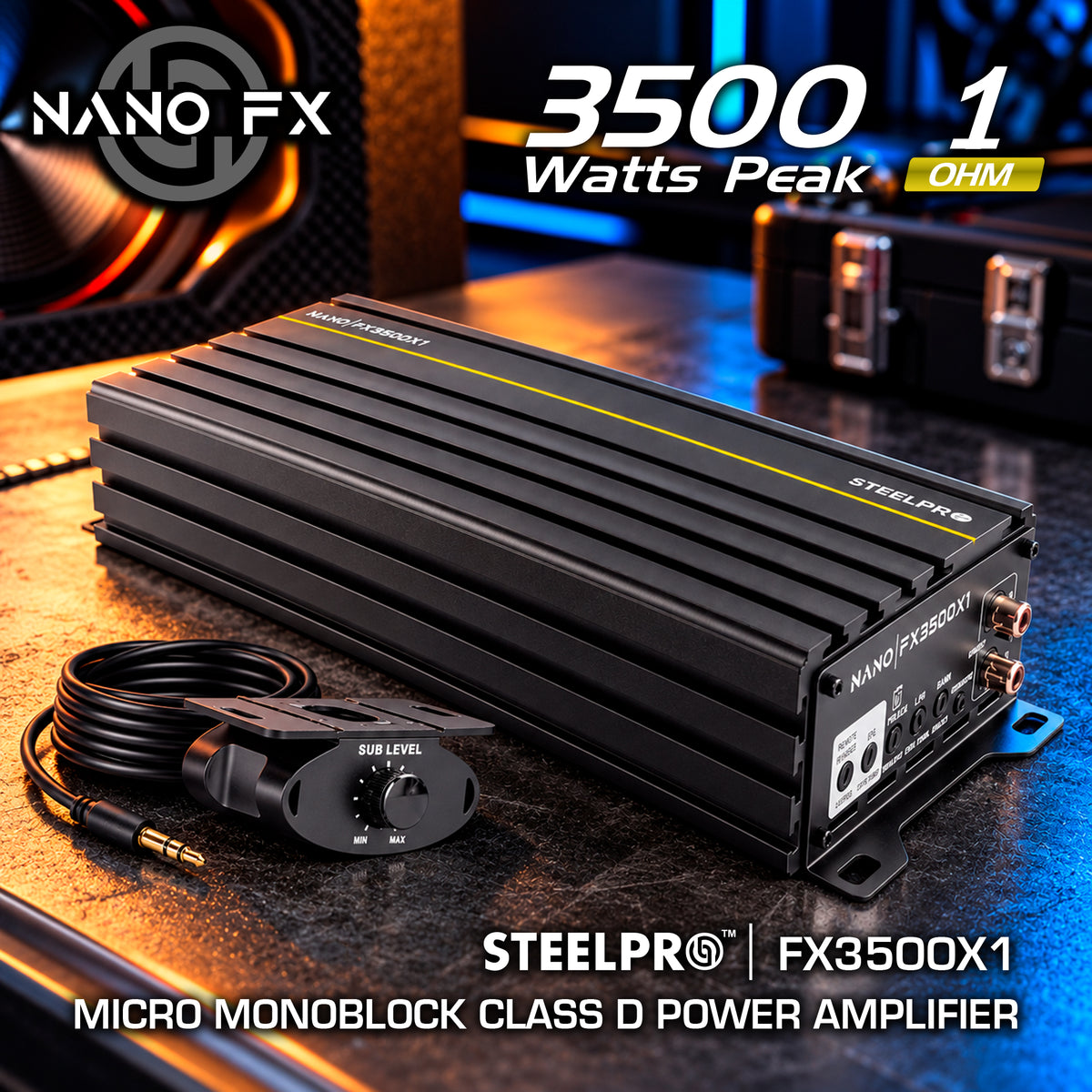Steelpro NanoFX 3500X1 Micro Amplificador High-End Car Audio Monoblock Clase D 3500W Max 1700W RMS a 1 Ohm FQ 30-80 Hz THD Menor a 0.1% Crossover LPF Control Subacústico Rude Boost Estable 1 Ohm Chip IRS2092 MOSFET 4227