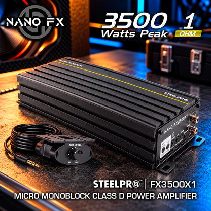 Steelpro NanoFX 3500X1 Micro Amplificador High-End Car Audio Monoblock Clase D 3500W Max 1700W RMS a 1 Ohm FQ 30-80 Hz THD Menor a 0.1% Crossover LPF Control Subacústico Rude Boost Estable 1 Ohm Chip IRS2092 MOSFET 4227