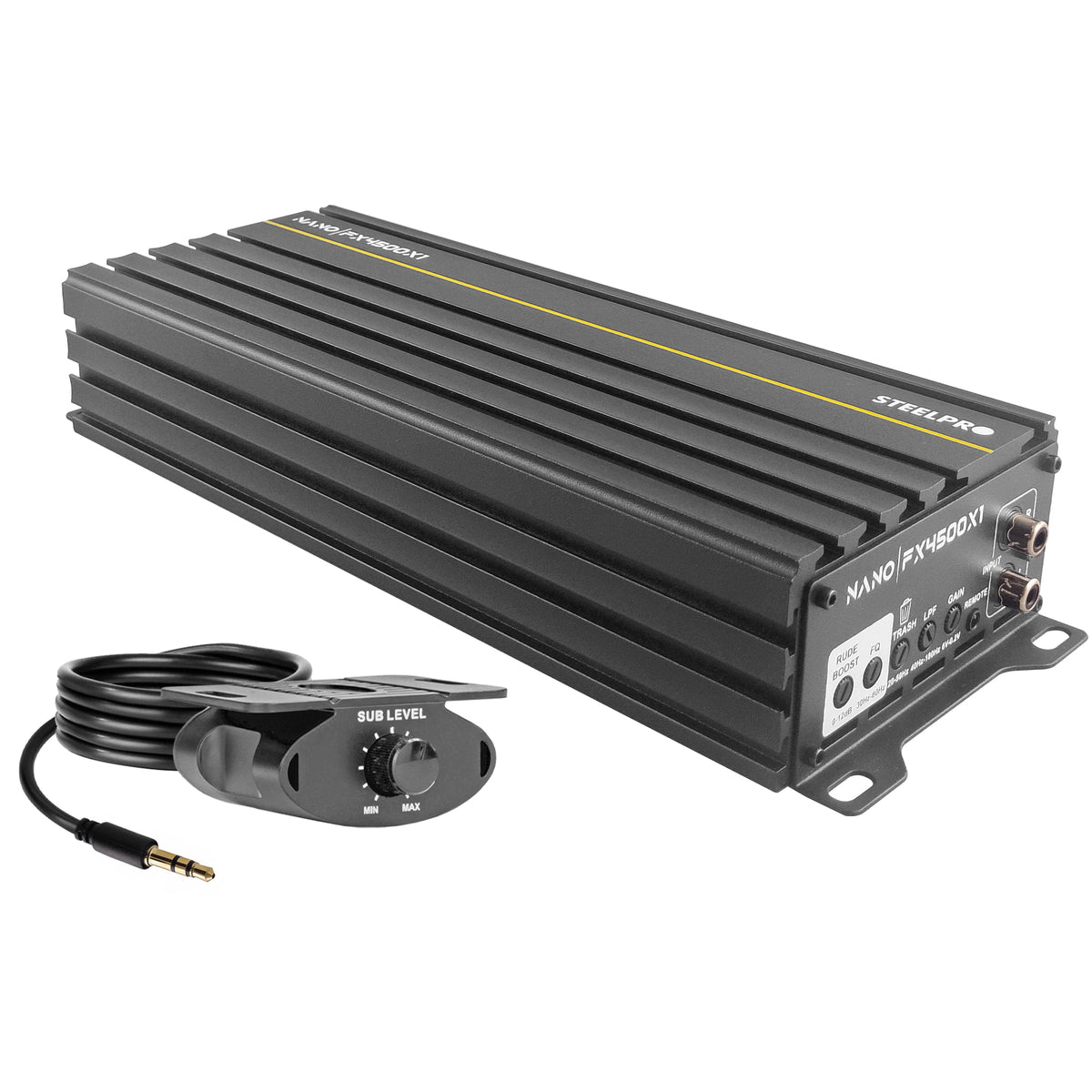 Steelpro NanoFX 4500X1 Micro Amplificador High-End Car Audio Monoblock Clase D 4500W Max 2000W RMS a 1 Ohm FQ 30-80 Hz THD Menor a 0.1% Crossover LPF Control Subacústico Rude Boost Estable 1 Ohm Chip IRS2092 MOSFET 4227