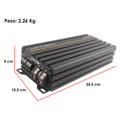 Steelpro NanoFX 4500X1 Micro Amplificador High-End Car Audio Monoblock Clase D 4500W Max 2000W RMS a 1 Ohm FQ 30-80 Hz THD Menor a 0.1% Crossover LPF Control Subacústico Rude Boost Estable 1 Ohm Chip IRS2092 MOSFET 4227