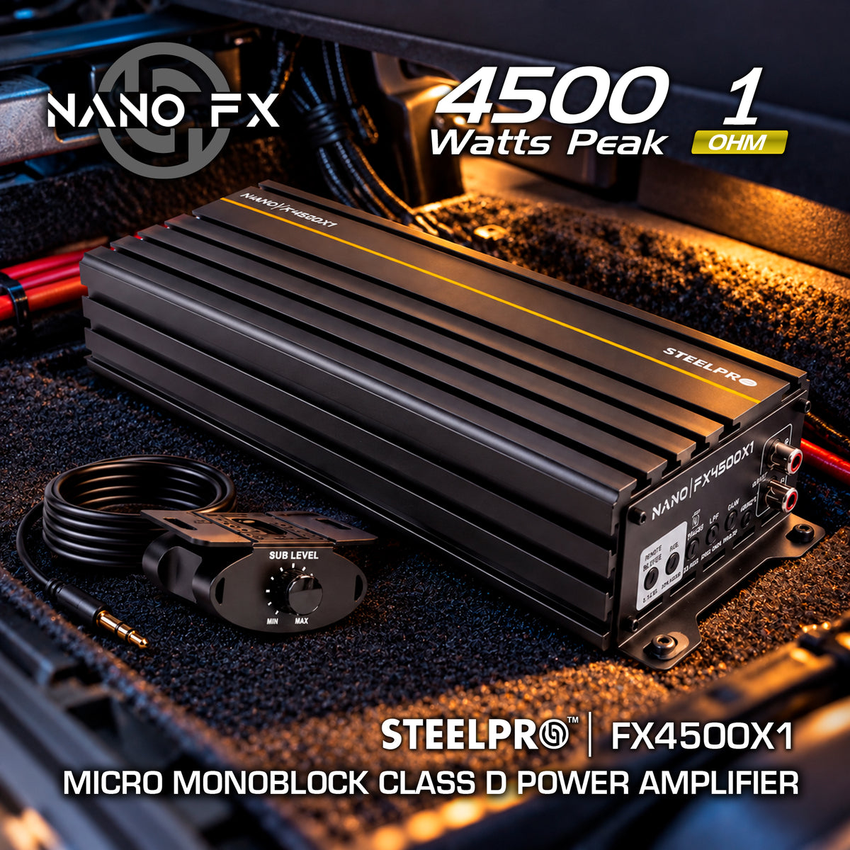 Steelpro NanoFX 4500X1 Micro Amplificador High-End Car Audio Monoblock Clase D 4500W Max 2000W RMS a 1 Ohm FQ 30-80 Hz THD Menor a 0.1% Crossover LPF Control Subacústico Rude Boost Estable 1 Ohm Chip IRS2092 MOSFET 4227