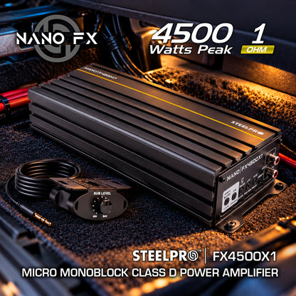 Steelpro NanoFX 4500X1 Micro Amplificador High-End Car Audio Monoblock Clase D 4500W Max 2000W RMS a 1 Ohm FQ 30-80 Hz THD Menor a 0.1% Crossover LPF Control Subacústico Rude Boost Estable 1 Ohm Chip IRS2092 MOSFET 4227