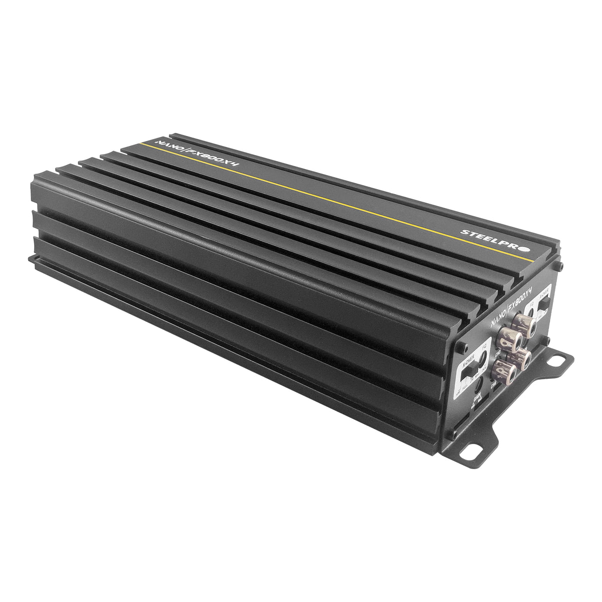 Steelpro NanoFX 800X4 Micro Amplificador High-End Car Audio 4 Canales Clase D 400W RMS x4 a 2 Ohms 3200W Max Modo Puente Crossover HPF LPF FULL Control Asimétrico Chip IRS2092 MOSFET 4227