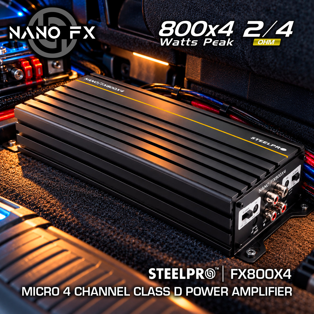 Steelpro NanoFX 800X4 Micro Amplificador High-End Car Audio 4 Canales Clase D 400W RMS x4 a 2 Ohms 3200W Max Modo Puente Crossover HPF LPF FULL Control Asimétrico Chip IRS2092 MOSFET 4227