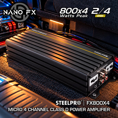 Steelpro NanoFX 800X4 Micro Amplificador High-End Car Audio 4 Canales Clase D 400W RMS x4 a 2 Ohms 3200W Max Modo Puente Crossover HPF LPF FULL Control Asimétrico Chip IRS2092 MOSFET 4227