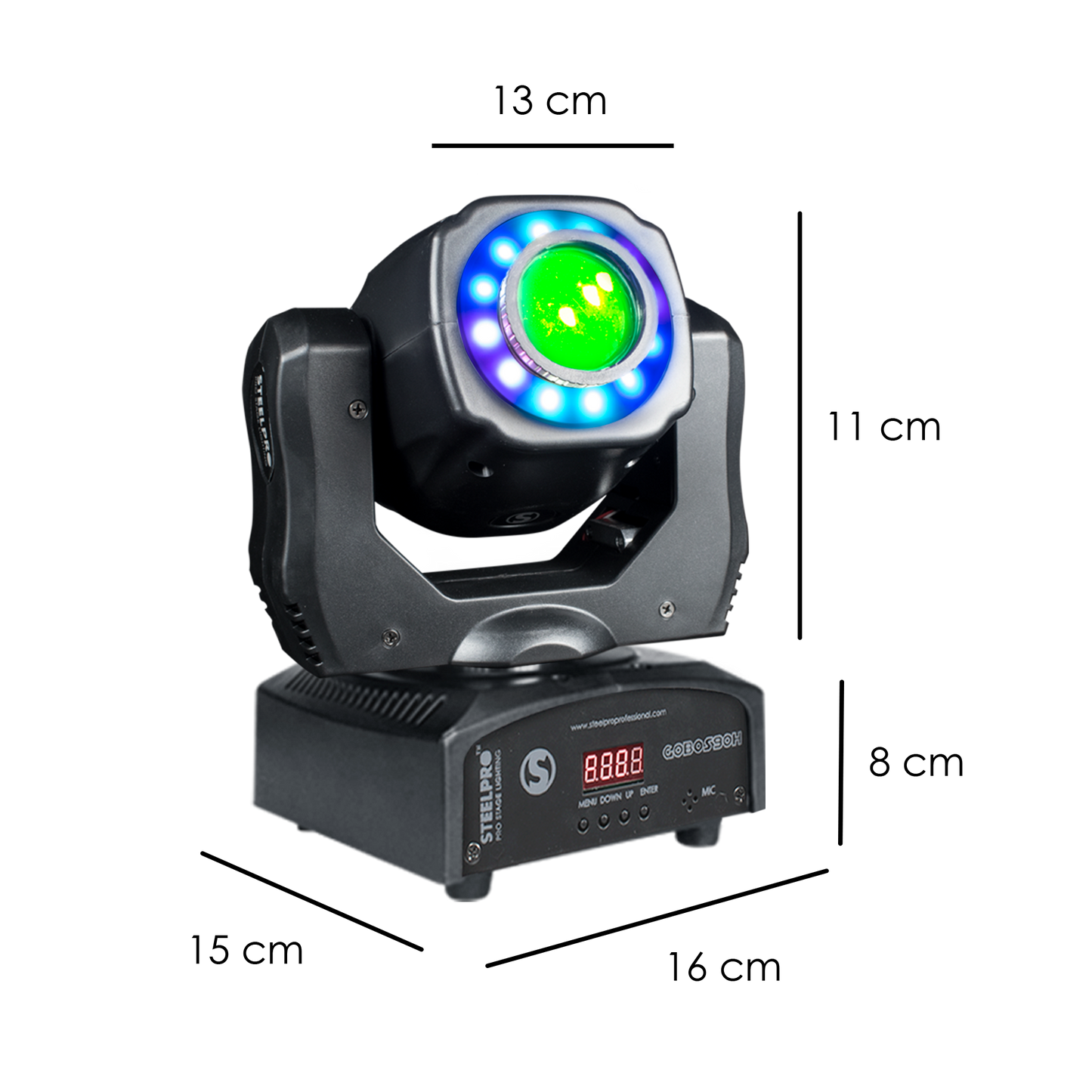 GOBOS-90H Cabeza Móvil Gobo LED 90W DMX 9/11 Canales 7 Gobos 8 Colores Aro LED SMD Automático Audiorítmico Maestro Esclavo Iluminación Profesional DJ Eventos Steelpro