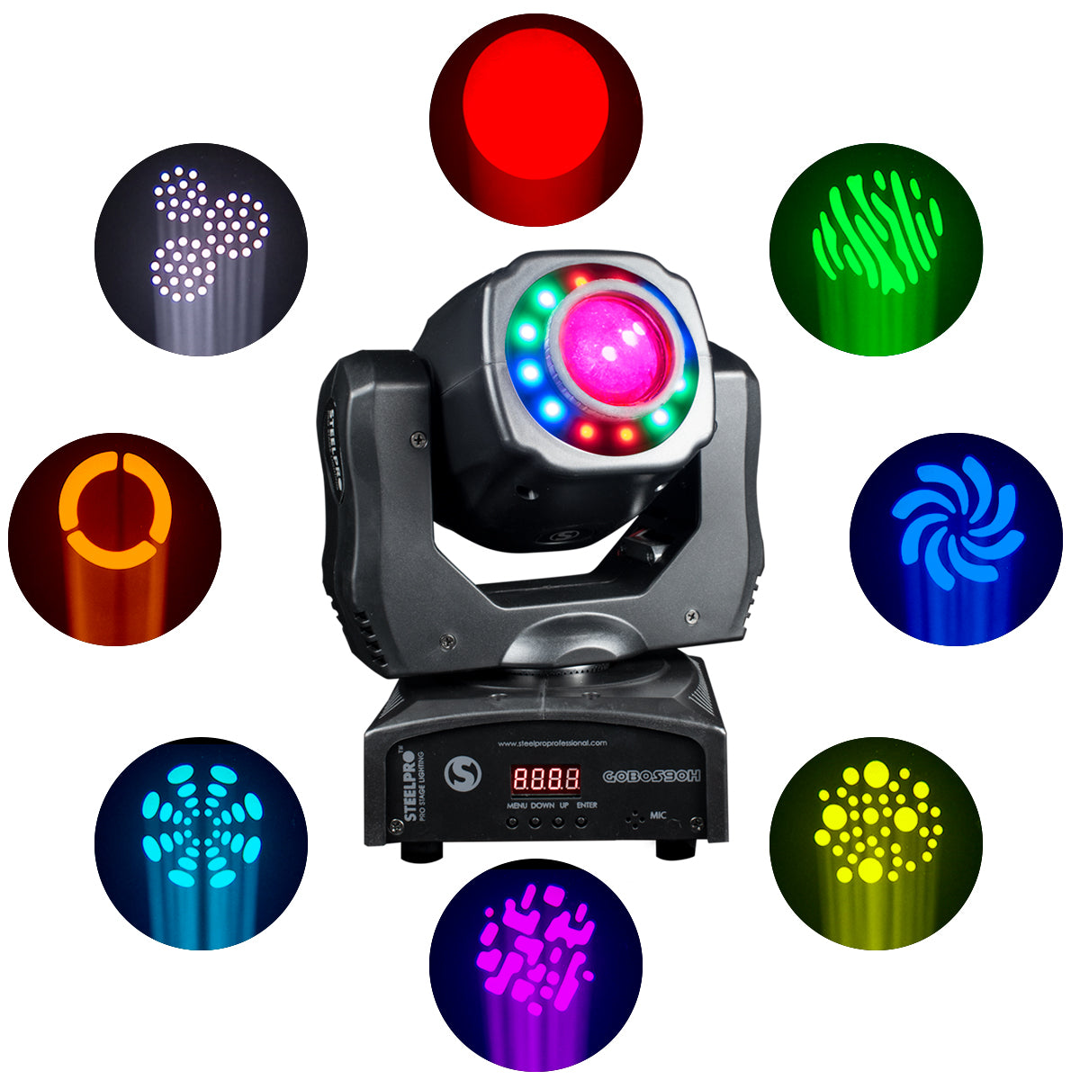 GOBOS-90H Cabeza Móvil Gobo LED 90W DMX 9/11 Canales 7 Gobos 8 Colores Aro LED SMD Automático Audiorítmico Maestro Esclavo Iluminación Profesional DJ Eventos Steelpro