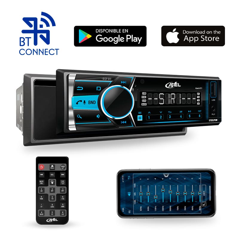 Autoestéreo Bluetooth Caratula Desmontable 1 DIN Axel / USB / Radio FM / RCA x4 / Ecualización desde la APP / Llamada por Voz - Steelpro