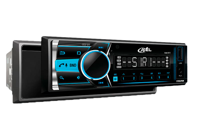 Autoestéreo Bluetooth Caratula Desmontable 1 DIN Axel / USB / Radio FM / RCA x4 / Ecualización desde la APP / Llamada por Voz - Steelpro