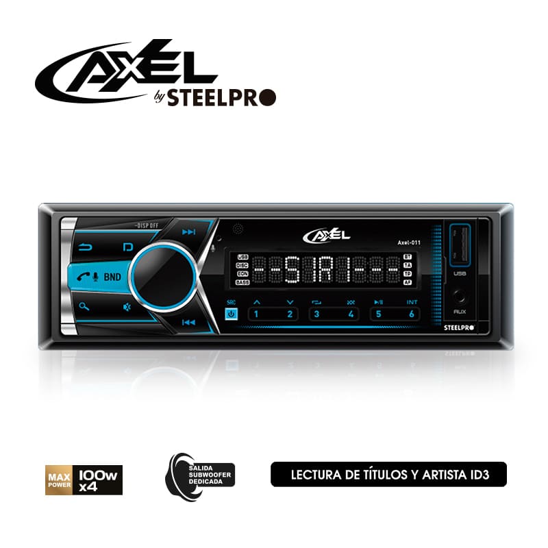Autoestéreo Bluetooth Caratula Desmontable 1 DIN Axel / USB / Radio FM / RCA x4 / Ecualización desde la APP / Llamada por Voz - Steelpro