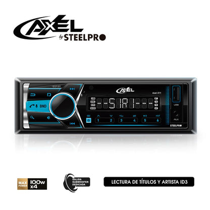 Autoestéreo Bluetooth Caratula Desmontable 1 DIN Axel / USB / Radio FM / RCA x4 / Ecualización desde la APP / Llamada por Voz - Steelpro
