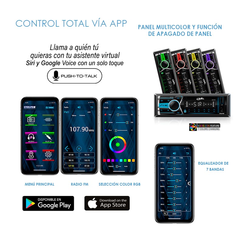 Autoestéreo Bluetooth Caratula Desmontable 1 DIN Axel / USB / Radio FM / RCA x4 / Ecualización desde la APP / Llamada por Voz - Steelpro