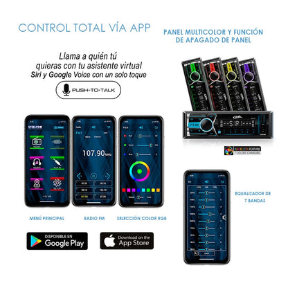 Autoestéreo Bluetooth Caratula Desmontable 1 DIN Axel / USB / Radio FM / RCA x4 / Ecualización desde la APP / Llamada por Voz - Steelpro