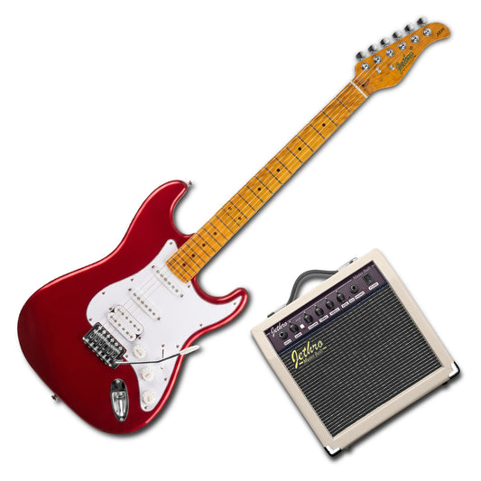 JMB101 Apple Candy Kit Guitarra Eléctrica Metal Red Con Amplificador 20W y Cable Para Diestros Jethro Master Built