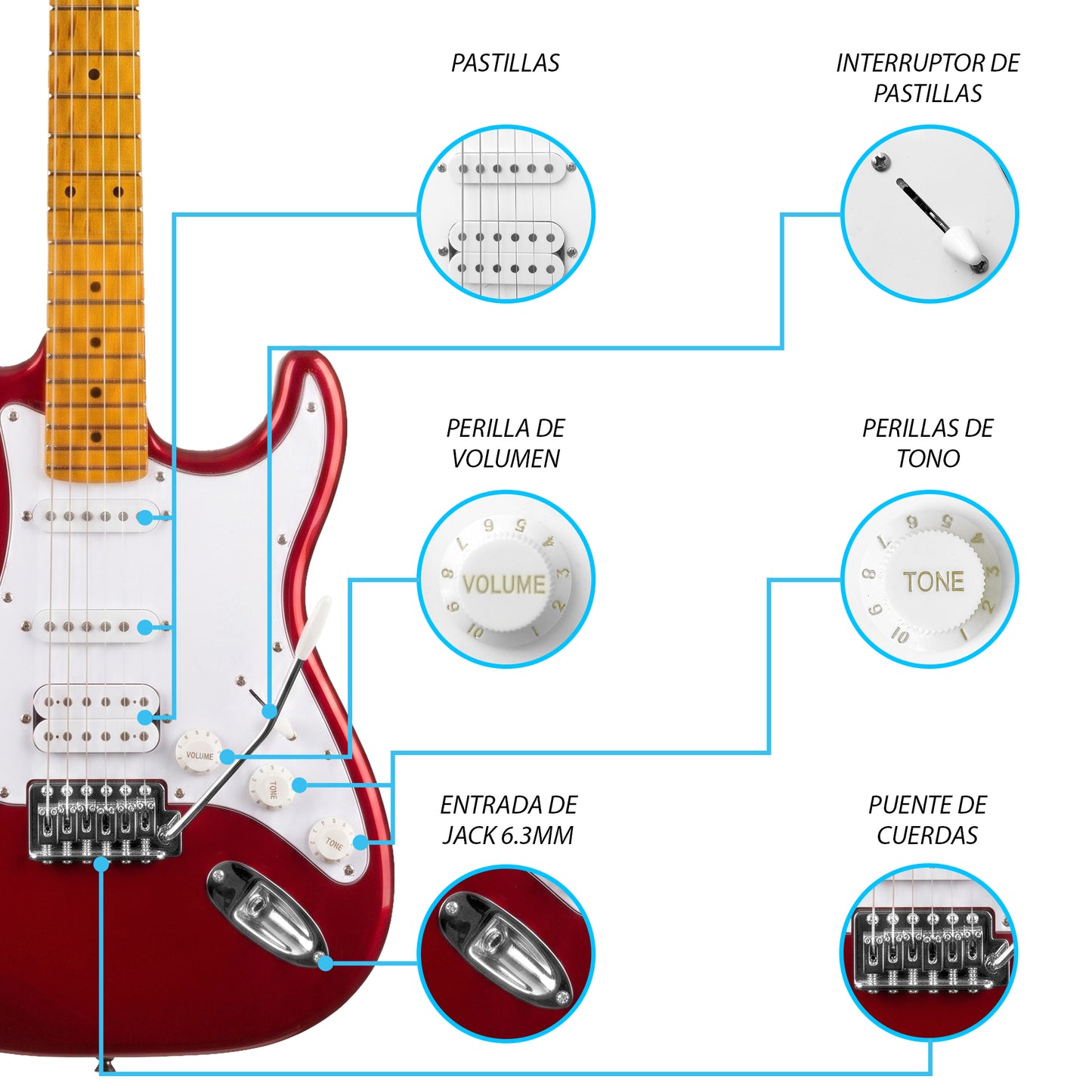 JMB101 Apple Candy Kit Guitarra Eléctrica Metal Red Con Amplificador 20W y Cable Para Diestros Jethro Master Built