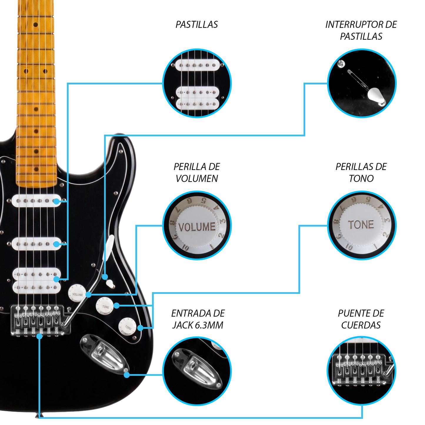 JMB102 Darkstar Kit Guitarra Eléctrica Shiny Black Con Amplificador 20W y Cable Para Diestros Jethro Master Built
