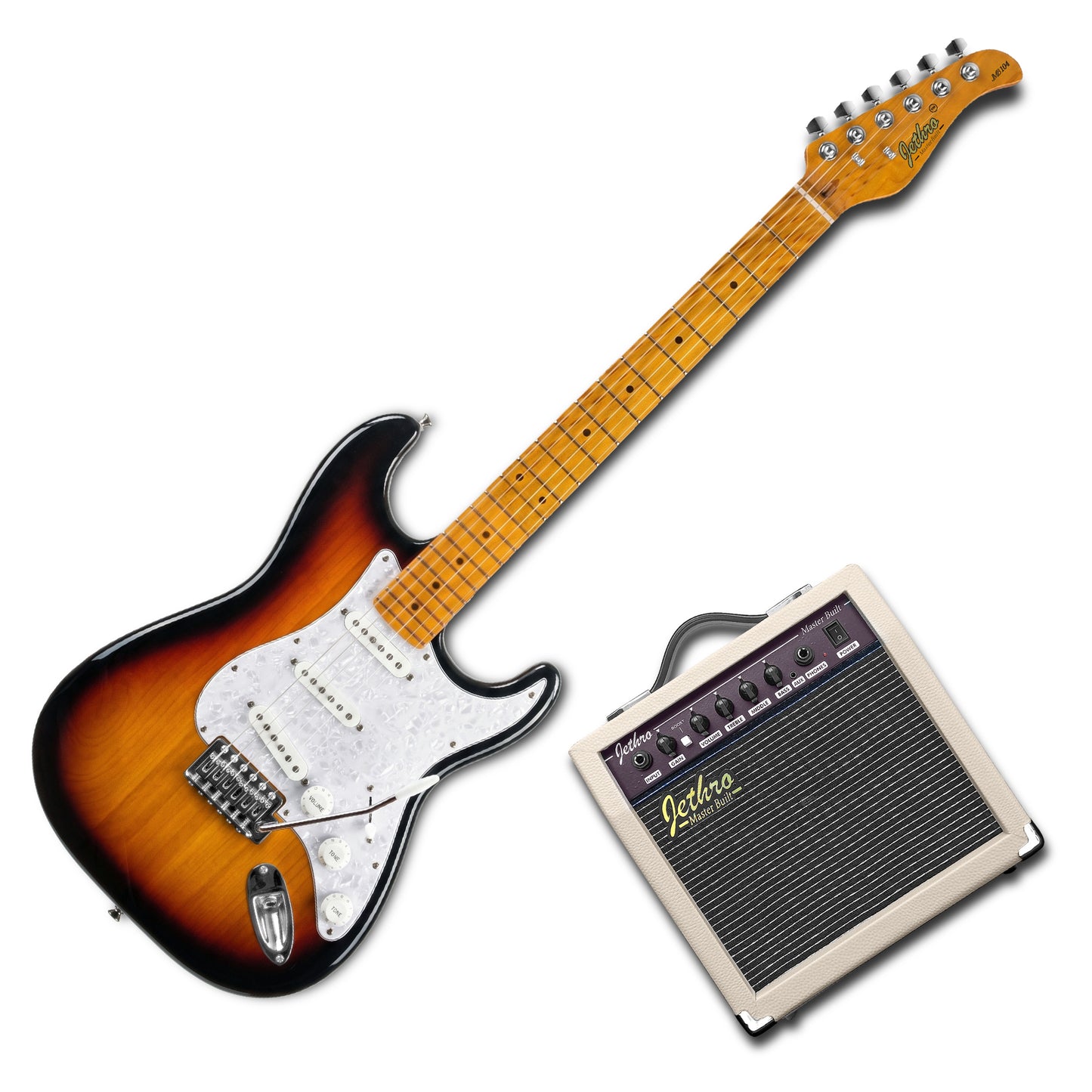 JMB104 Vintage Classic Kit Guitarra Eléctrica 2 Tone Sunburst Con Amplificador 20W y Cable Para Diestros Jethro Master Built