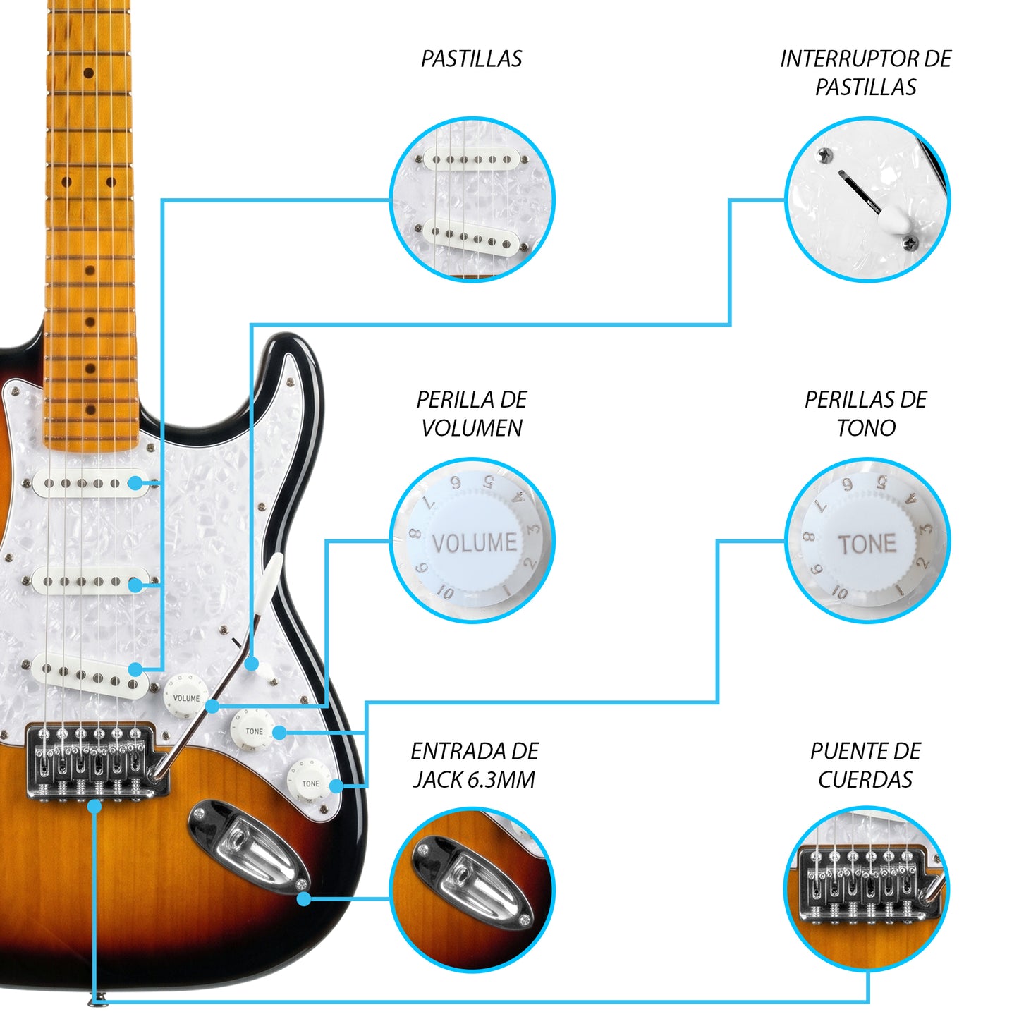 JMB104 Vintage Classic Kit Guitarra Eléctrica 2 Tone Sunburst Con Amplificador 20W y Cable Para Diestros Jethro Master Built
