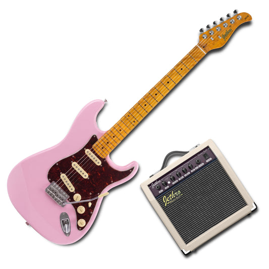 JMB105 Rosefire Kit Guitarra Eléctrica Baby Pink Con Amplificador 20W y Cable Para Diestros Jethro Master Built