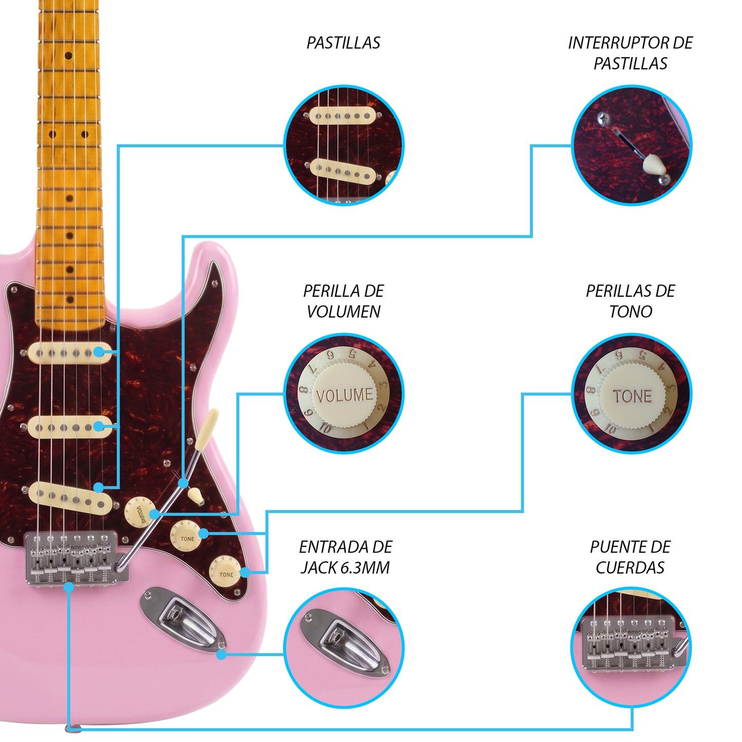 JMB105 Rosefire Kit Guitarra Eléctrica Baby Pink Con Amplificador 20W y Cable Para Diestros Jethro Master Built