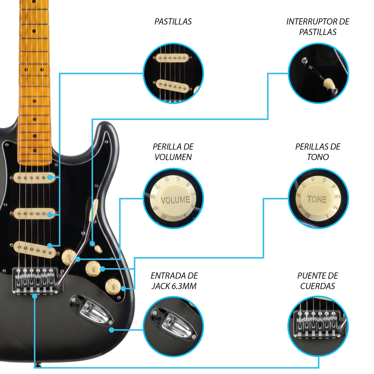JMB106 Phantom Kit Guitarra Eléctrica Silver Con Amplificador 20W y Cable Para Diestros Jethro Master Built